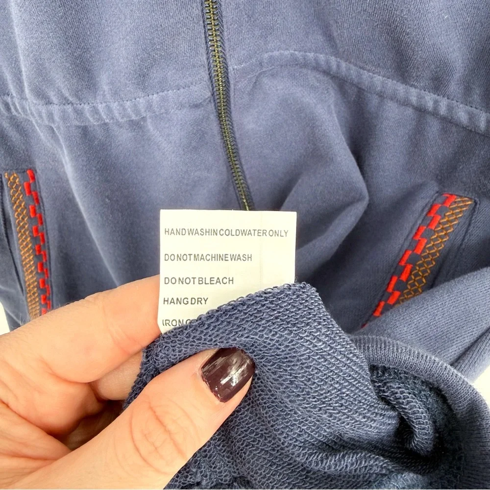 Solitaire Floral Embroidered Casual Zipper Front Hoodie Blue Medium